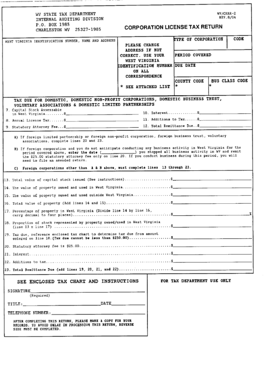 Form Wv/char-3 - Corporation License Tax Return - West Virginia State Tax Department Printable pdf