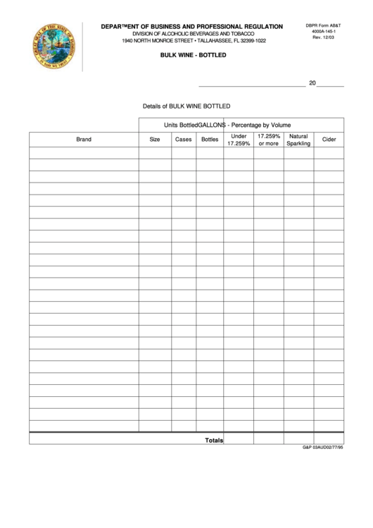 Dbpr Form Ab&t 4000a-145-1 - Bulk Wine - Bottled - Department Of Business And Professional Regulation - Florida Printable pdf