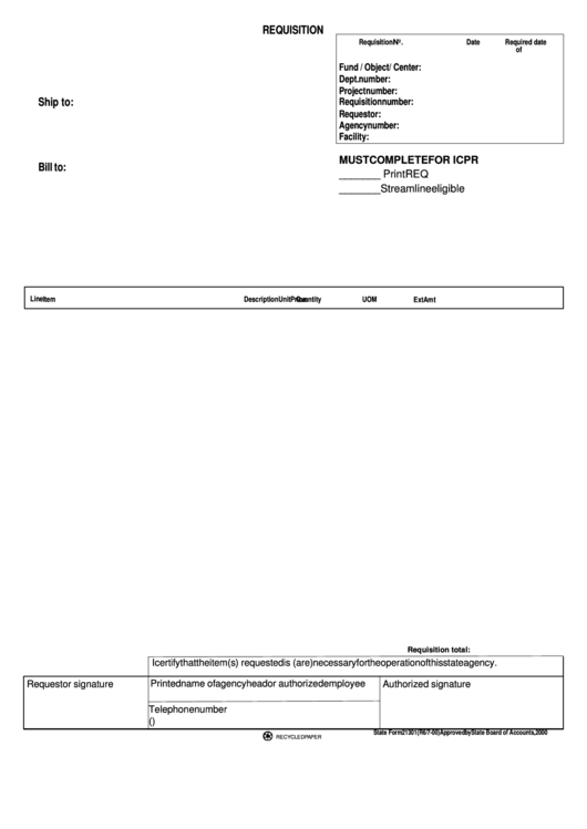 Fillable State Form 21301 - Requisition - Indiana Printable pdf