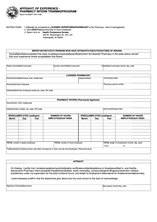 Fillable State Form 2687 - Affidavit Of Experience - Pharmacy Intern Training Program - Indiana Printable pdf
