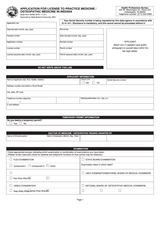 State Form 29495 - Application For License To Practice Medicine / Osteopathic Medicine In Indiana Printable pdf