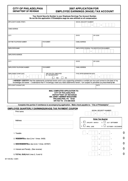 Form 83-T-104a - Employee Earnings Tax Account Application - City Of Philadelphia - Department Of Revenue Printable pdf