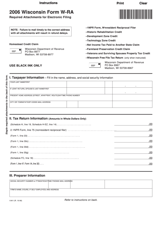 Fillable Form W-Ra - Homestead Credit Claim 2006 - Wisconsin Department Of Revenue Printable pdf