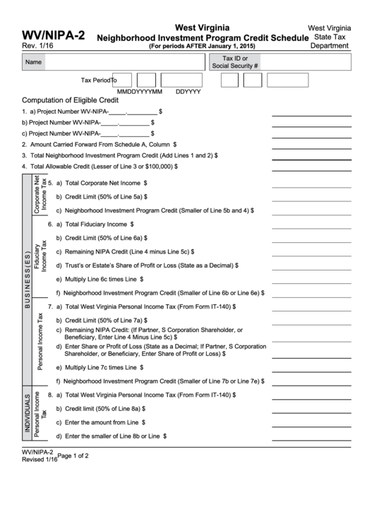 Form Wv/nipa-2 - Neighborhood Investment Program Credit Schedule - West Virginia State Tax Department Printable pdf