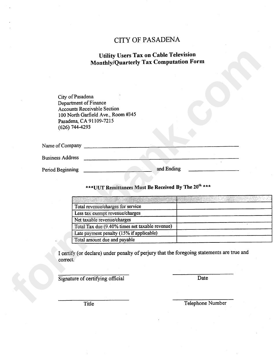Utility Users Tax On Cable Television Monthly/quarterly Tax Computation Form - City Of Pasadena Department Of Finance
