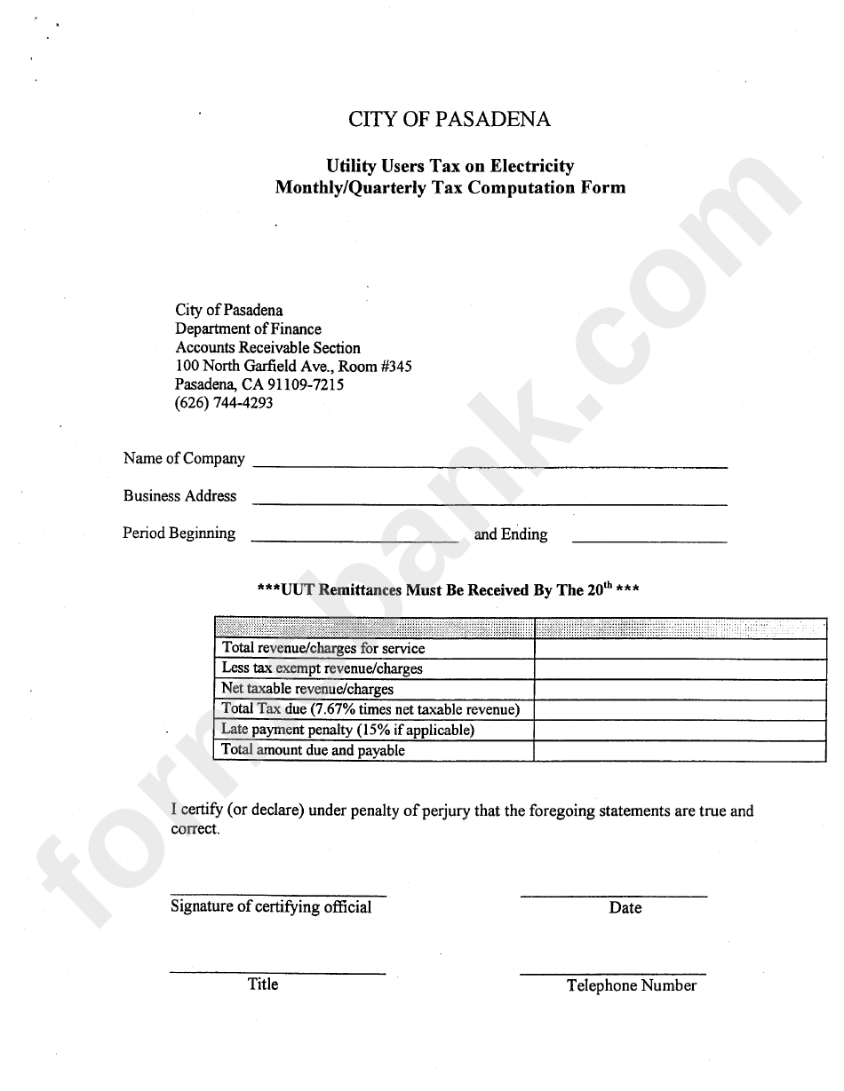 Utility Users Tax On Electricity Monthly/quarterly Tax Computation Form - City Of Pasadena Department Of Finance