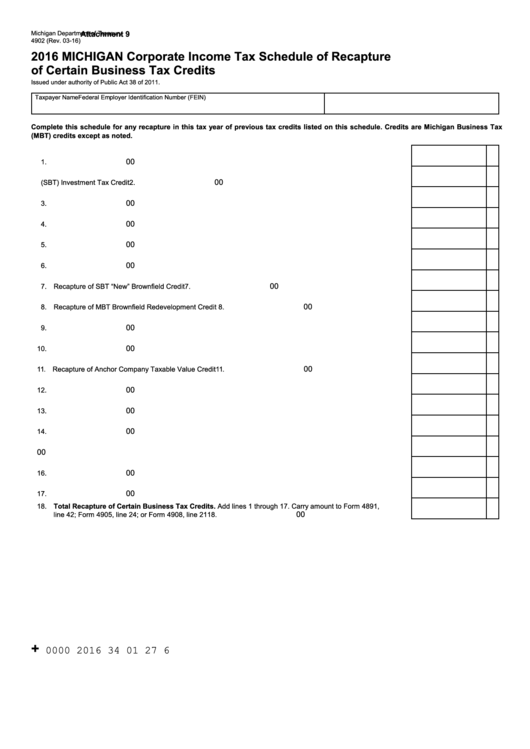 Form 4902 - Michigan Corporate Income Tax Schedule Of Recapture Of Certain Business Tax Credits - Department Of Treasury - 2016 Printable pdf