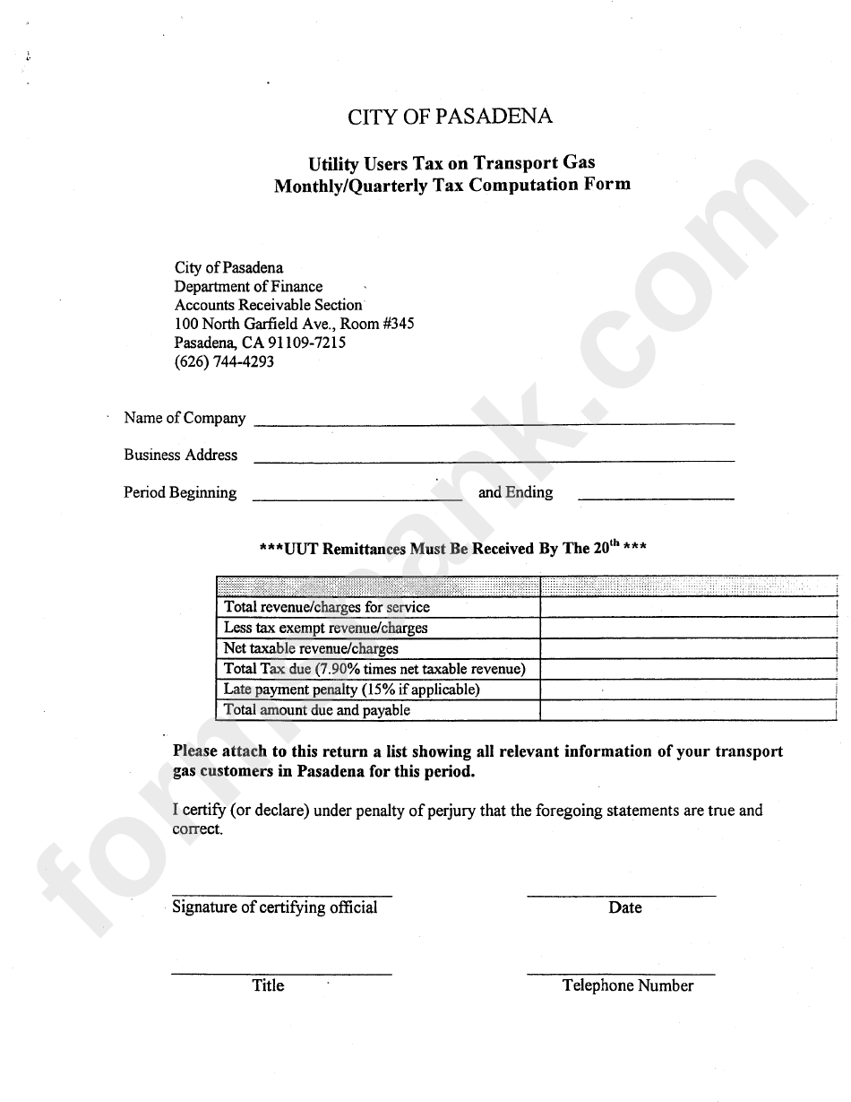 Utility Users Tax On Transport Gas Monthly/quarterly Tax Computation Form - City Of Pasadena Department Of Finance