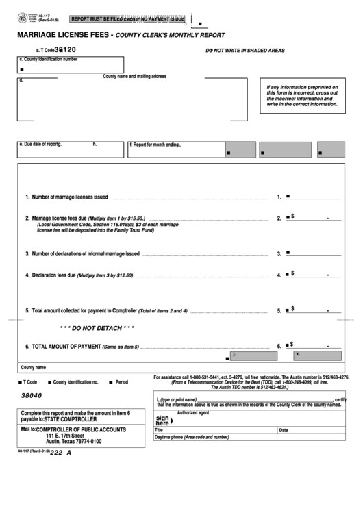 Fillable Marriage License Fees Form - County Clerk