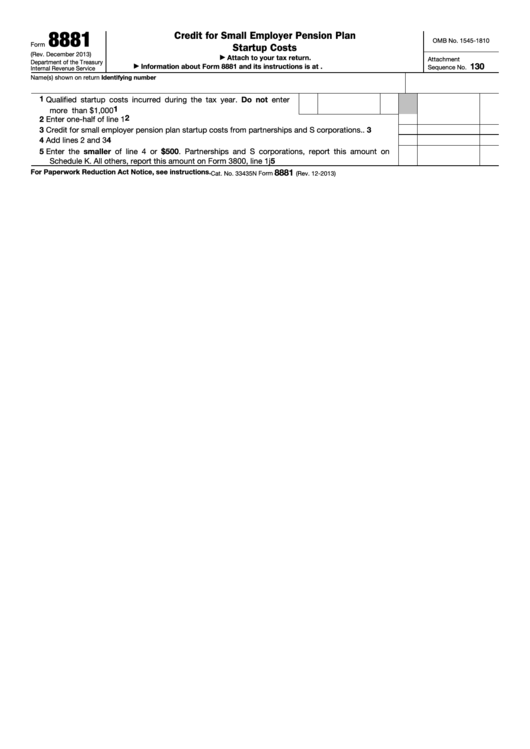 Form 8881 - Credit For Small Employer Pension Plan Startup Costs Printable pdf