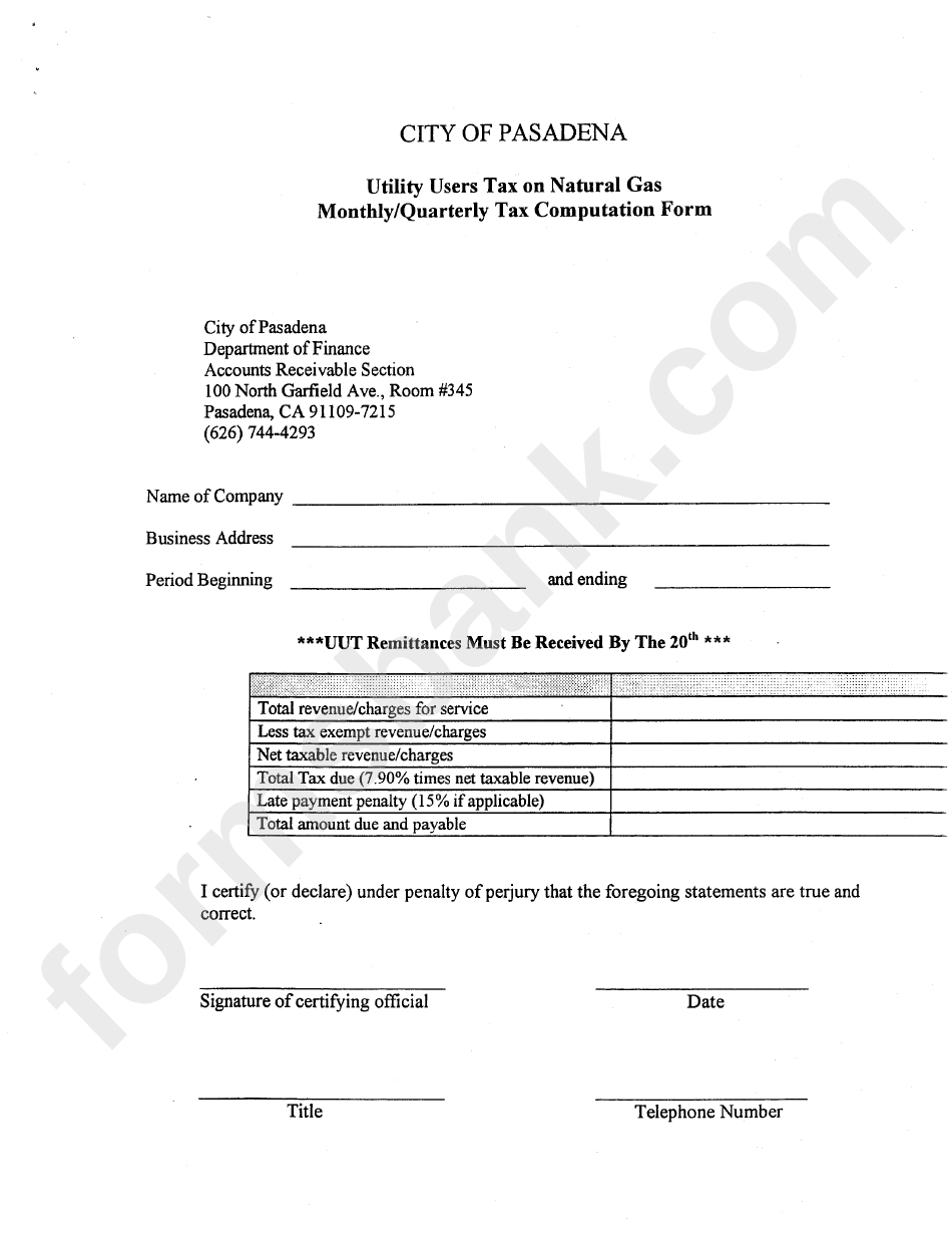 Utility Users Tax On Natural Gas Monthly/quarterly Tax Computation Form - City Of Pasadena Department Of Finance