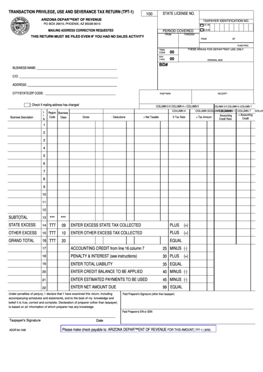 Form Ador 64-1046 - Transaction Privilege, Use And Severance Tax Return - 2000 Printable pdf