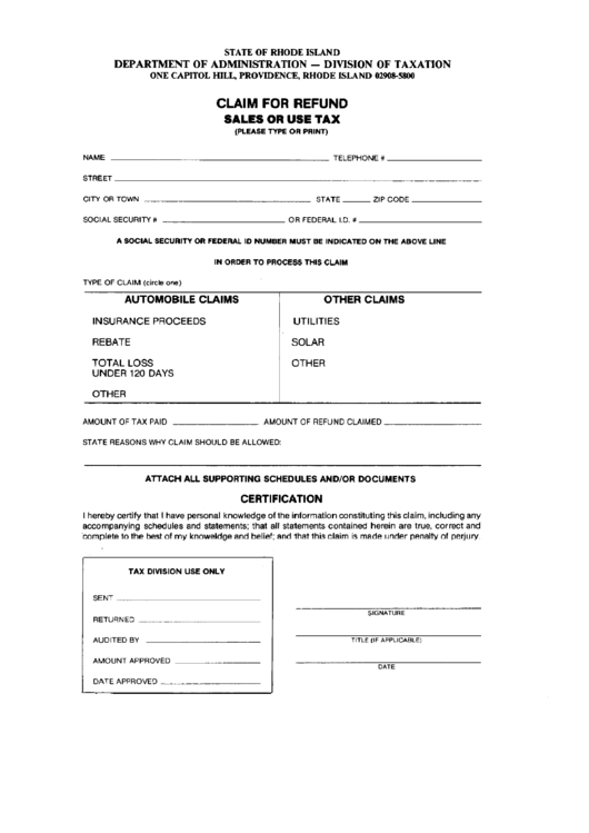 Claim For Refund Form Rhode Island - Department Of Administration - Division Of Taxation Printable pdf