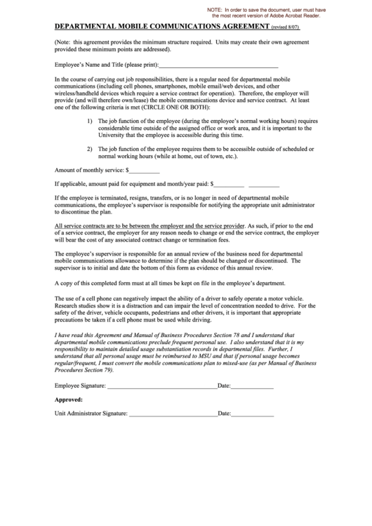 Fillable Departmental Mobile Communications Agreement Form Printable pdf