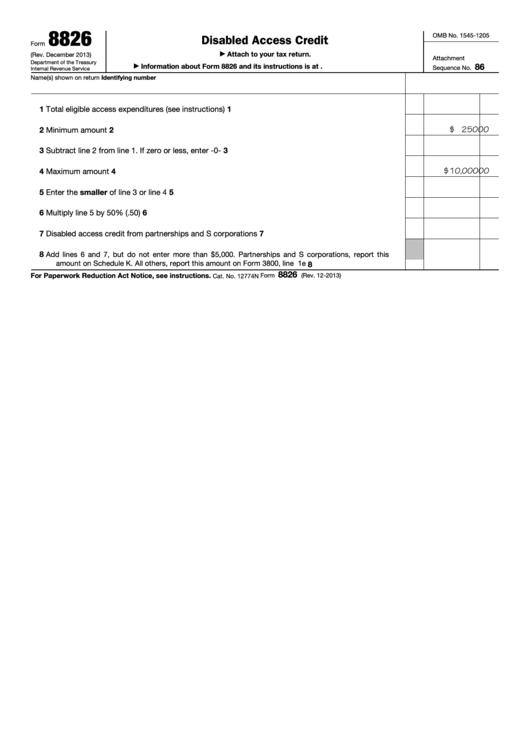 Form 8826 - Disabled Access Credit - Department Of The Treasury Internal Revenue Service Printable pdf