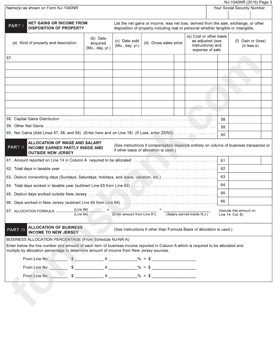 Form Nj-1040nr -Non-Resident Income Tax Return New Jersey