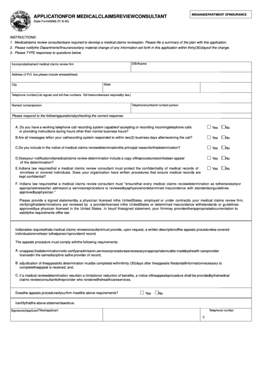 Fillable State Form 45686 - Application For Medical Claims Review Consultant - Indiana Department Of Insurance Printable pdf