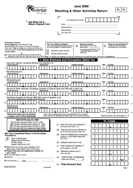 June 2006 Retailing & Other Activities Return Form - Department Of Revenue Of Washington State Printable pdf