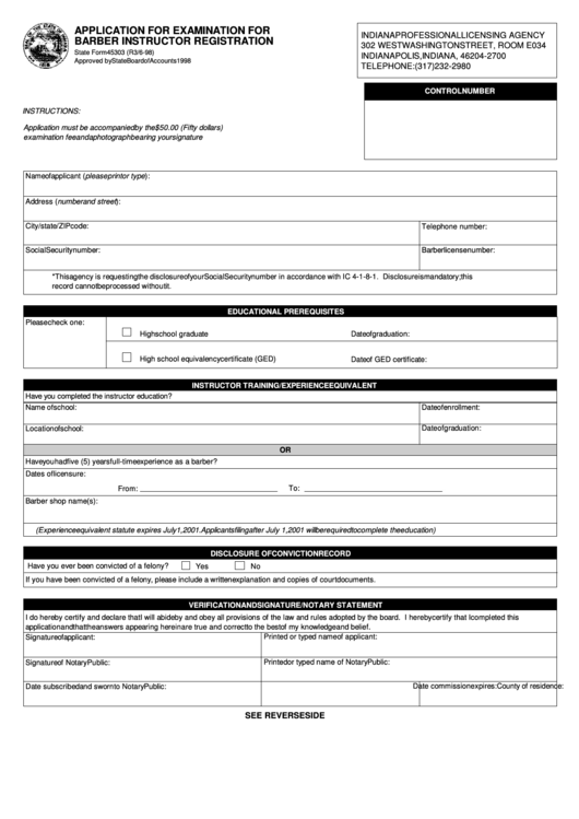 State Form 45303 - Application For Examination For Barber Instructor Registration - Indiana Professional Licensing Agency Printable pdf