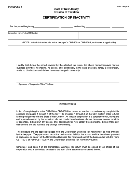 Form 2006-C - Certification Of Inactivity - Division Of Taxation Of State Of New Jersey Printable pdf