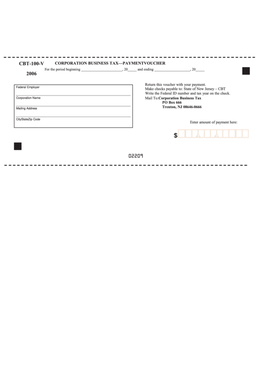 Form Cbt-100-V - Corporation Business Tax-Payment Voucher - State Of New Jersey - 2006 Printable pdf