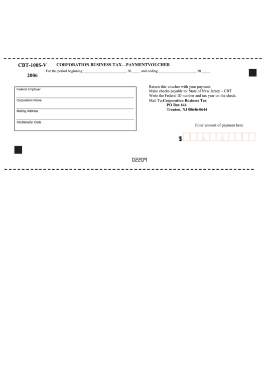 Form Cbt-100s-V - Corporation Business Tax-Payment Voucher - State Of New Jersey - 2006 Printable pdf