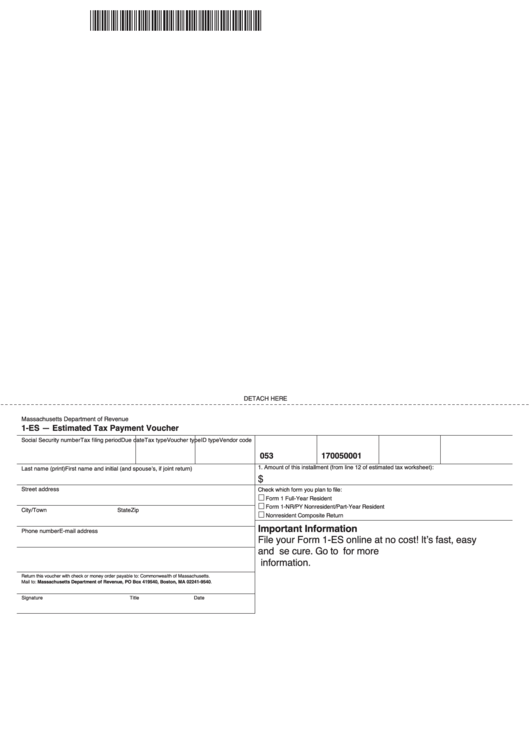 Form 1-Es - Estimated Tax Payment Voucher - Massachusetts Department Of Revenue Printable pdf