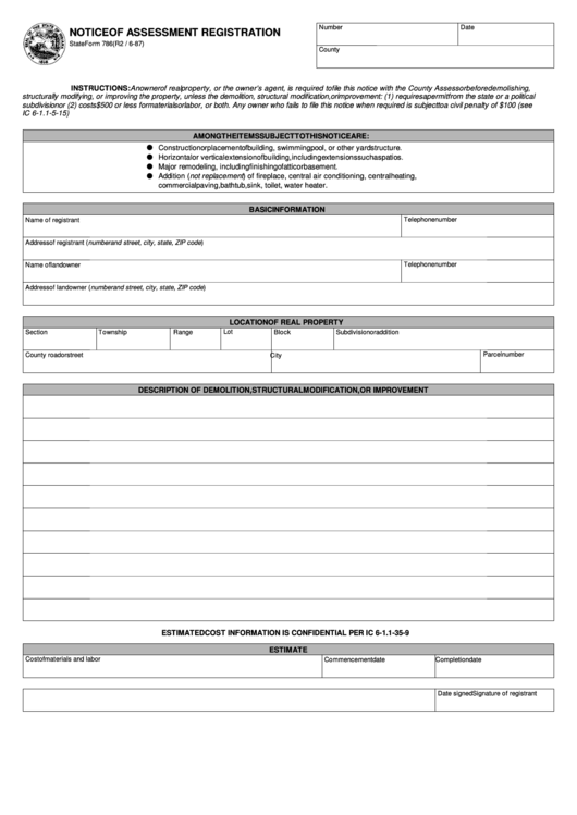 Fillable State Form 786 - Notice Of Assessment Registration - Stzte Of Indiana Printable pdf