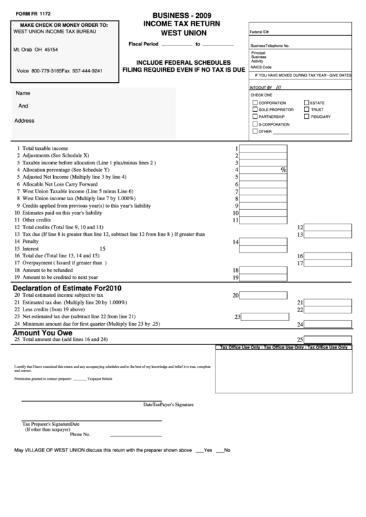 Form Fr 1172 - Business Income Tax Return - West Union - 2009 Printable pdf