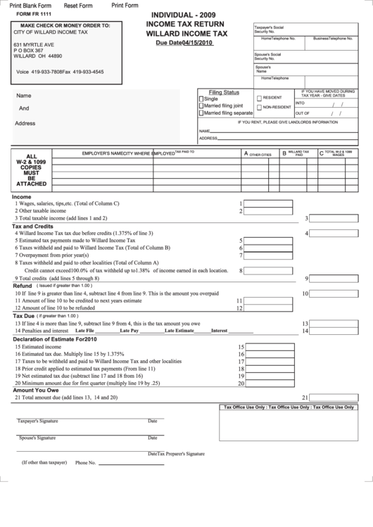 Fillable Form Fr 1111 - Individual Income Tax Return - Willard Income Tax Printable pdf