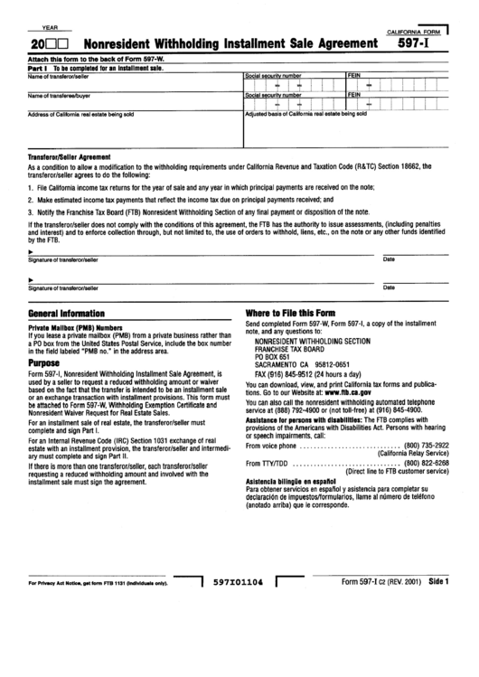 Form 597-I - Nonresident Withholding Installment Sale Agreement Printable pdf