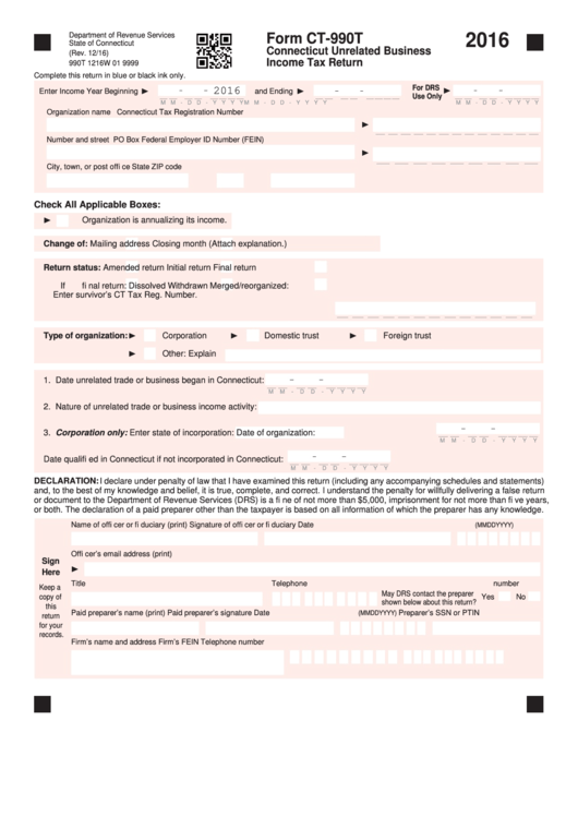 Form Ct-990t - Connecticut Unrelated Business Income Tax Return - 2016 Printable pdf