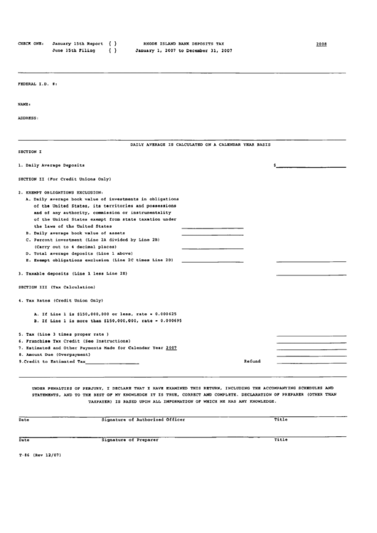 Rhode Island Bank Deposits Tax Form 2008 Printable pdf