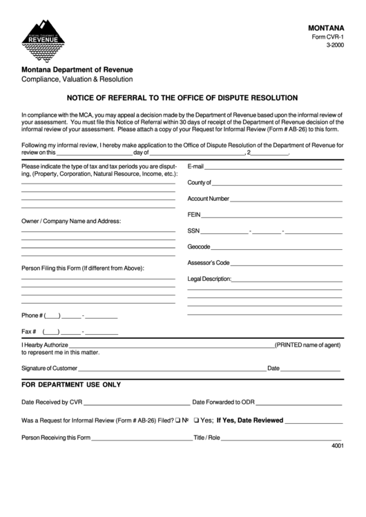Form Cvr-1 - Notice Of Referral To The Office Of Dispute Resolution - 2000 Printable pdf