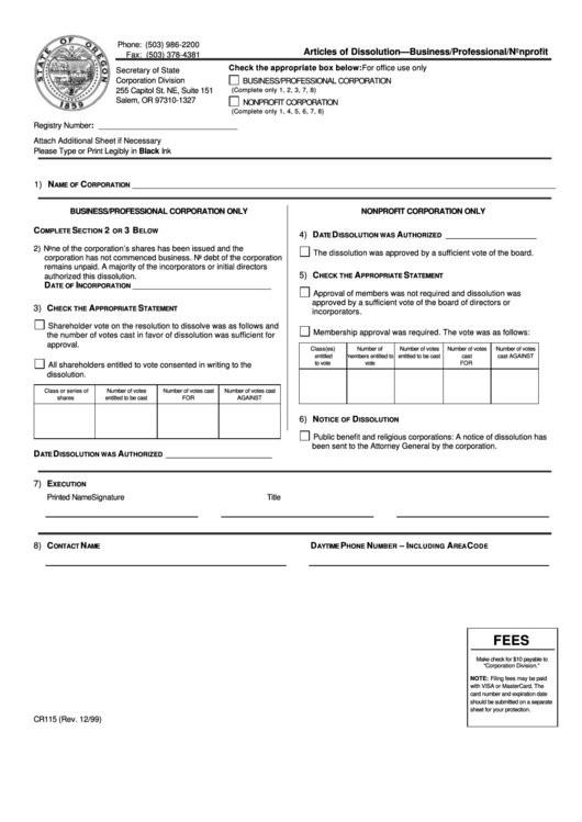 Fillable Articles Of Dissolution Form - Business/professional/nonprofit - 1999 Printable pdf