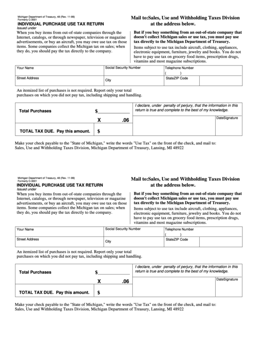 Form 48 (C-3001) - Individual Purchase Use Tax Return Printable pdf