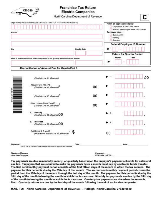 Form Cd-310 - Franchise Tax Return Printable pdf