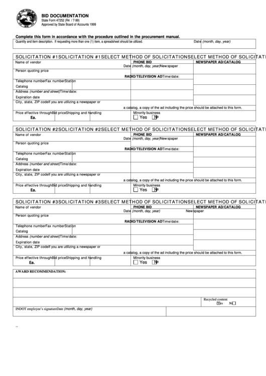 Fillable Form 47252 - Bid Documentation - State Of Indiana Printable pdf