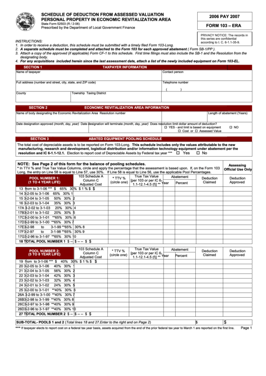 Form 103 - Era - Schedule Of Deduction From Assessed Valuation Personal Property In Economic Revitalization Area - Department Of Local Government Finance Of Indiana Printable pdf