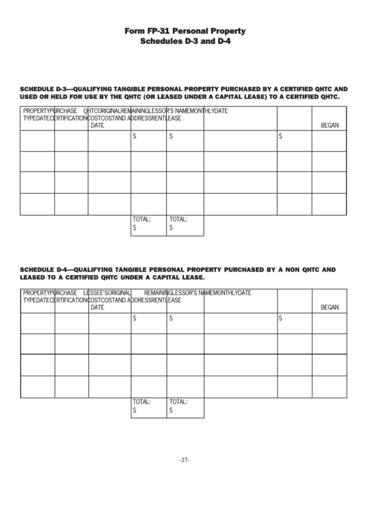 Form Fp-31 - Personal Property - Schedules D-3 And D-4 Printable pdf