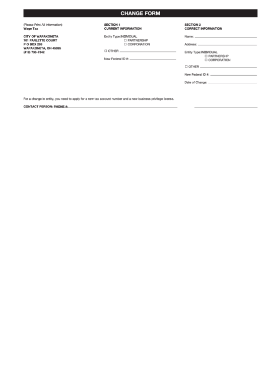 Wage Tax Change Form Printable pdf