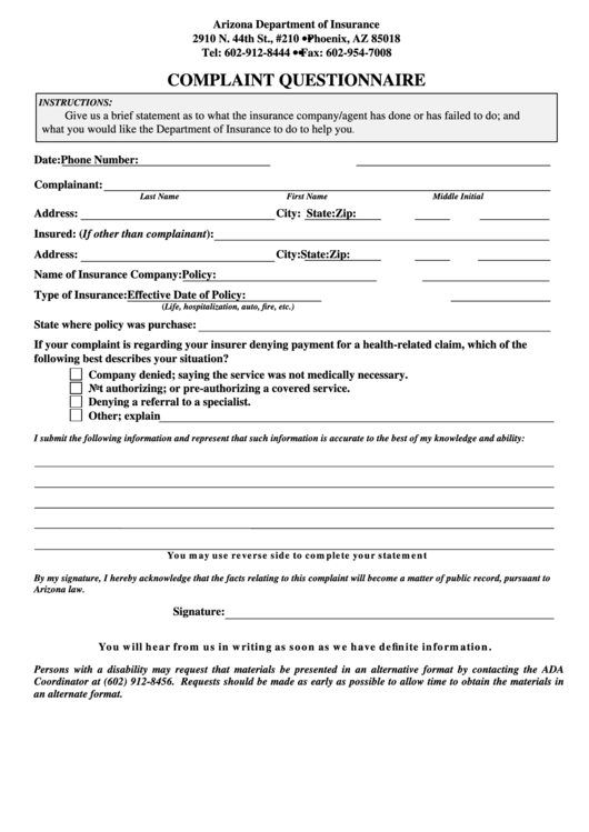 Complaint Questionnaire Form - Arizona Department Of Insurance Printable pdf