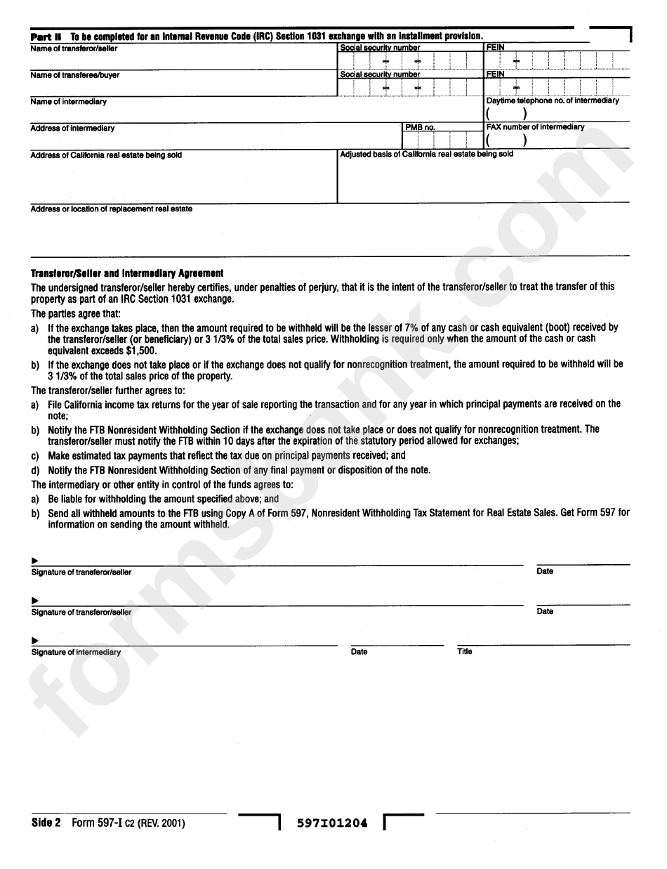 Form 597-I - Nonresident Withholding Installment Sale Agreement Form