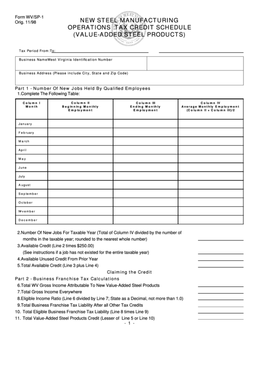Form Wv-Sp-1 - New Steel Manufacturing Operation Tax Credit Schedule Template Printable pdf