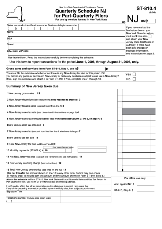 Form St-810.4 - Quarterly Schedule Nj For Part-Quarterly Filers - New York State Department Of Taxation And Finance Printable pdf