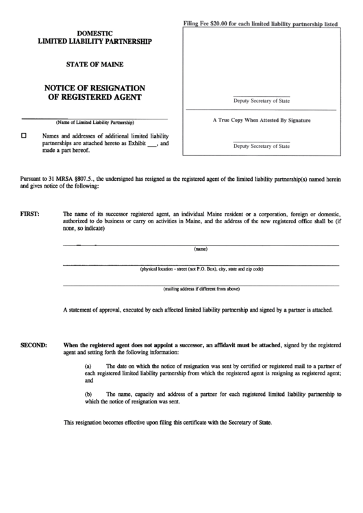Form Mllp-3a - Notice Form For Resignation Of Registered Agent Printable pdf
