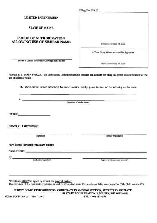 Form Mlpa-15 - Form For Proof Of Authorization Allowing Use Of Similar Name Printable pdf