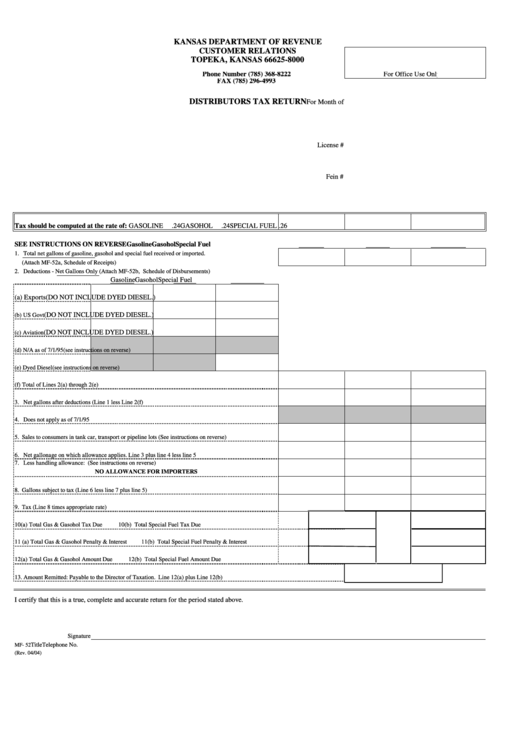 Distributors Tax Return - Kanzas Department Of Revenue Customer Relations - Form Printable pdf