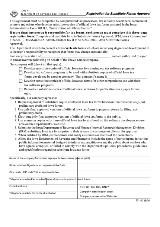 Registration For Substitute Forms Approval - Iowa Department Of Revenue And Finance - 2000 Printable pdf