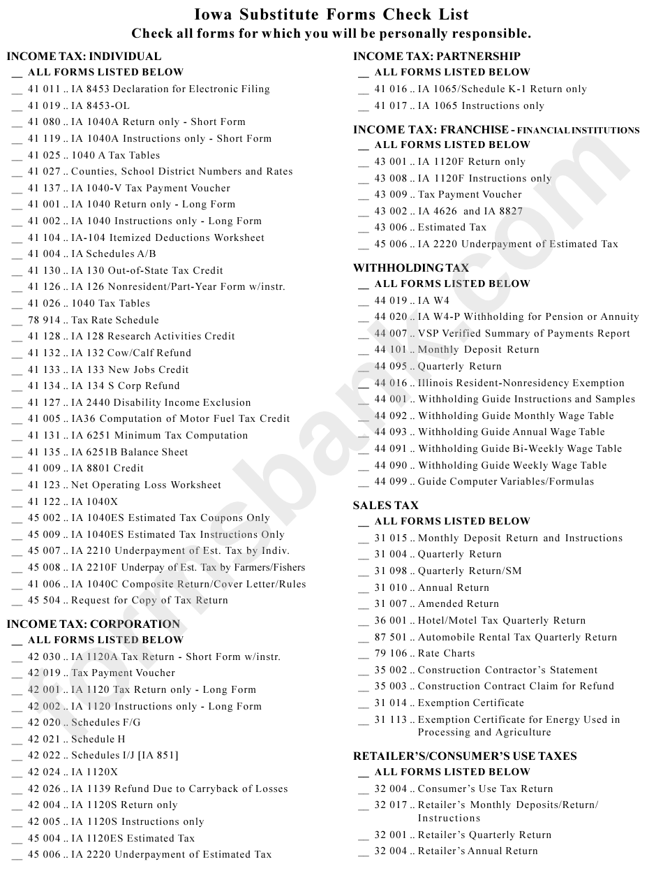 Registration For Substitute Forms Approval - Iowa Department Of Revenue And Finance - 2000